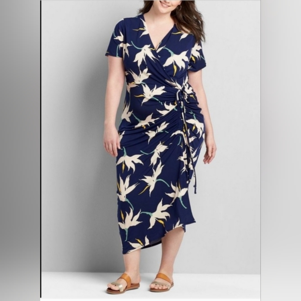 Lane Bryant 26/28 Petite Navy and Floral Blue Crossover Side Split Maxi Dress